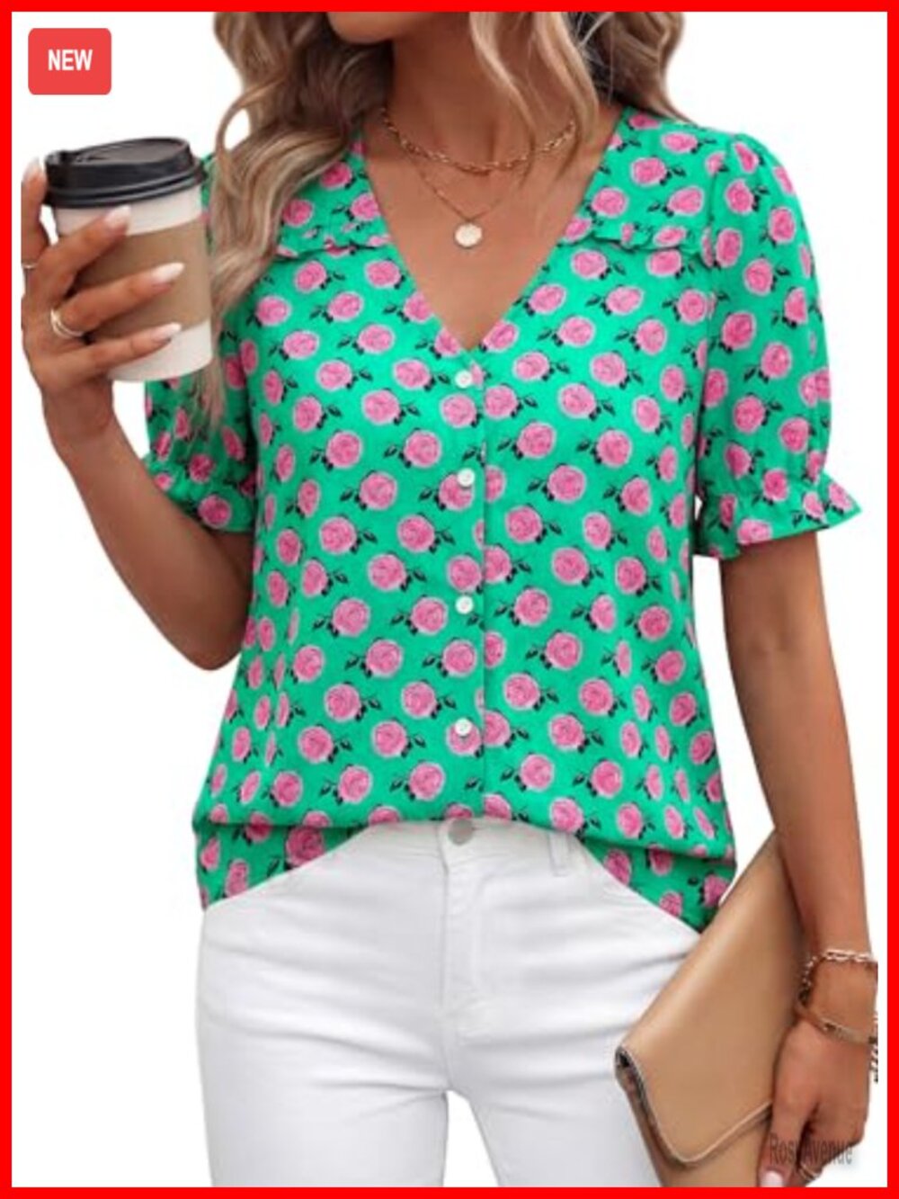Boho Floral V Neck Puff Sleeve Blouse Women's Short Sleeve Tunic Top